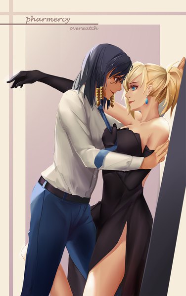 Anime picture 750x1197 with overwatch blizzard entertainment mercy (overwatch) pharah (overwatch) iceky tall image short hair blue eyes black hair blonde hair bare shoulders multiple girls ponytail profile copyright name character names outstretched arm side slit shoujo ai face to face