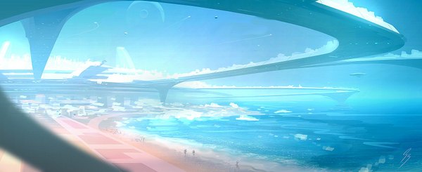 Anime picture 1666x682 with original antifan real (artist) wide image sky beach fantasy science fiction sea planet road