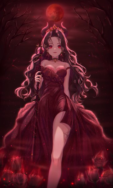 Anime picture 2808x4673 with original bobmond single long hair tall image looking at viewer fringe highres breasts red eyes brown hair standing holding cleavage outdoors nail polish horn (horns) fingernails night from below