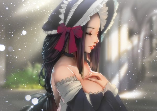 Anime picture 1935x1369 with original milk-doll single long hair highres light erotic black hair bare shoulders eyes closed lips realistic girl dress bonnet
