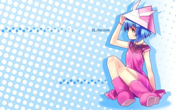 Anime picture 1920x1200 with original dlsite.com dlsite elle sweet refeia single highres short hair blue eyes wide image blue hair looking away full body profile wallpaper girl dress hat pink dress rubber boots