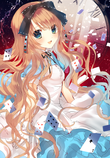 Anime picture 730x1045 with alice in wonderland alice (wonderland) yosuga ioru single long hair tall image looking at viewer blush blue eyes blonde hair smile girl dress ribbon (ribbons) hair ribbon chain clock card (cards) pocket watch