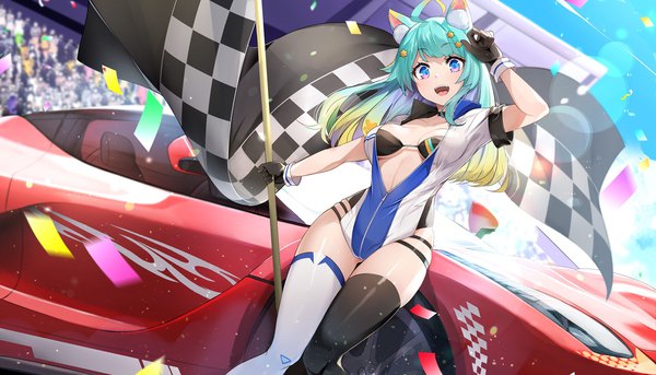 Anime picture 2048x1170 with original lanmewko luse maonang single long hair looking at viewer highres open mouth blue eyes light erotic smile wide image animal ears ahoge outdoors :d multicolored hair arm up cat ears aqua hair