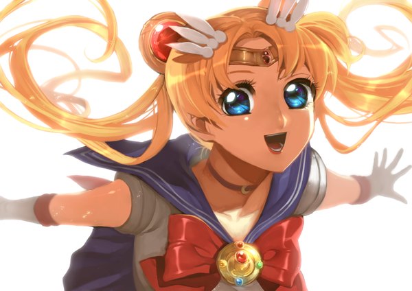 Anime picture 921x651 with bishoujo senshi sailor moon toei animation tsukino usagi sailor moon wadani hitonori single open mouth blue eyes simple background blonde hair white background twintails very long hair from above hair bun (hair buns) spread arms magical girl sailor senshi girl gloves