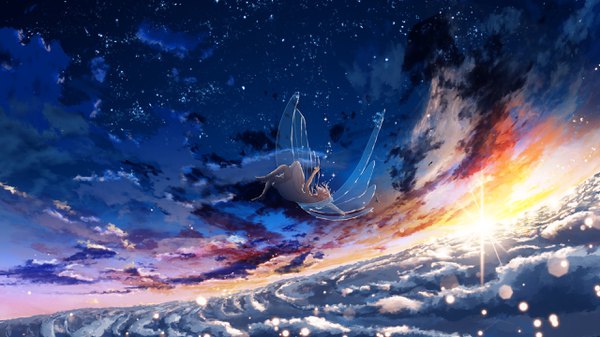 Anime picture 2560x1440 with original y y (ysk ygc) long hair highres brown hair wide image sky cloud (clouds) eyes closed wallpaper evening sunset horizon falling girl dress animal wings bird (birds) star (stars)