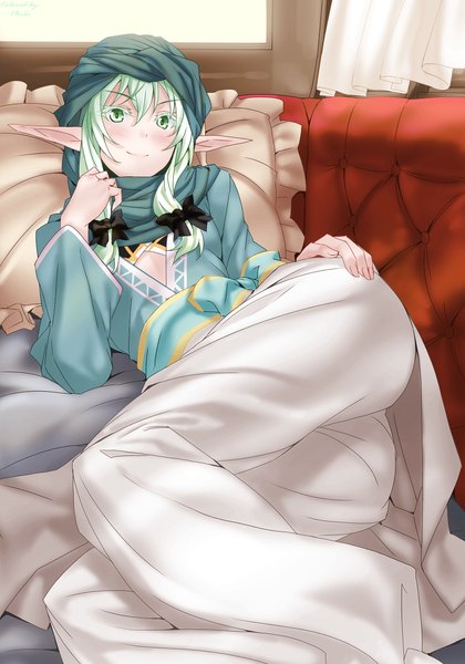 Anime picture 1434x2048 with goblin slayer! high elf archer (goblin slayer!) kannatsuki noboru single tall image looking at viewer blush fringe short hair breasts light erotic hair between eyes green eyes signed payot full body indoors lying traditional clothes green hair