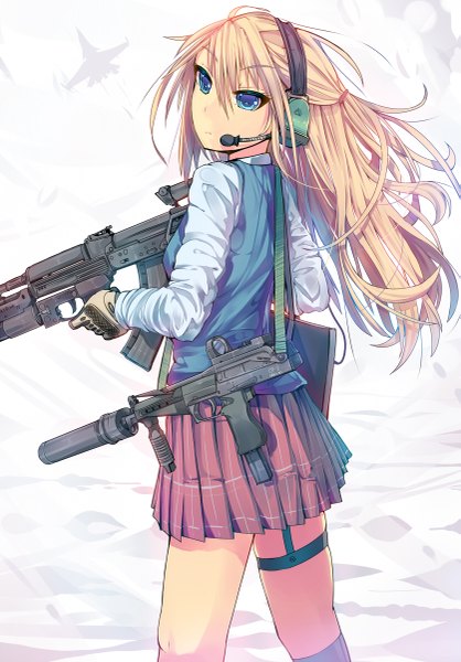 Anime picture 837x1200 with original daito (daito369) single long hair tall image blush blue eyes blonde hair looking back turning head girl skirt uniform weapon school uniform socks headphones gun white socks microphone