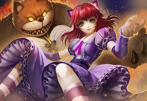 Anime picture 1000x689 with league of legends annie (league of legends) tibbers (league of legends) turewindwalker single looking at viewer fringe short hair green eyes animal ears red hair lips realistic fake animal ears girl dress animal socks claws striped socks