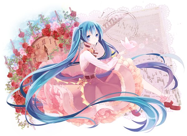 Anime picture 1607x1175 with vocaloid hatsune miku t miyanagi single looking at viewer blue eyes twintails blue hair very long hair butterfly on hand girl dress flower (flowers) choker shoes rose (roses) insect butterfly clock