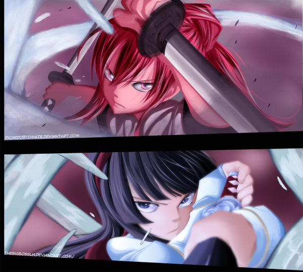 Anime picture 1400x1257 with fairy tail erza scarlet mikazuchi kagura ric9duran thebigbosslh long hair blue eyes black hair holding ponytail red hair pink eyes coloring magic multiview dual wielding manga girl weapon sword