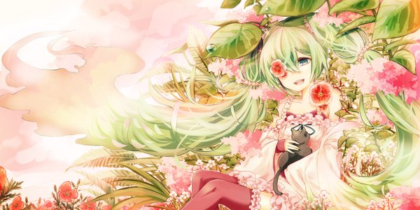 Anime-Bild 1400x700 mit vocaloid hatsune miku kaio (watagami) single long hair looking at viewer open mouth blue eyes wide image twintails green hair girl thighhighs dress flower (flowers) animal cat
