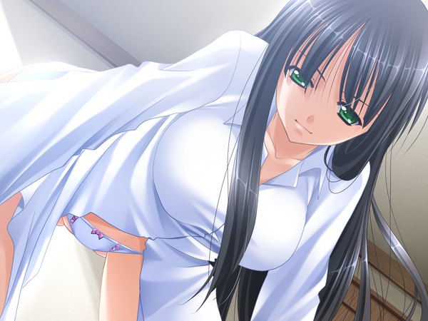 Anime picture 1600x1200 with intruder misaki shizuyo yamamoto kazue long hair light erotic black hair green eyes game cg girl underwear panties shirt