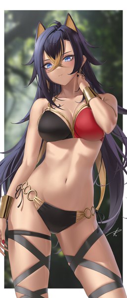 Anime picture 3000x7016 with genshin impact dehya (genshin impact) yabacha single long hair tall image looking at viewer blush fringe highres breasts blue eyes light erotic black hair hair between eyes large breasts standing animal ears ahoge outdoors