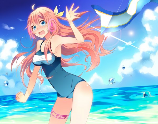 Anime picture 1900x1486 with vocaloid megurine luka temari (deae) single long hair blush highres open mouth blue eyes light erotic pink hair sky cloud (clouds) girl swimsuit sea one-piece swimsuit towel school swimsuit