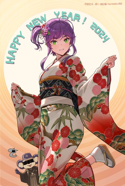 Anime-Bild 811x1200 mit original nippon professional baseball chunichi dragons doala tantaka single tall image looking at viewer short hair smile standing green eyes signed purple hair traditional clothes japanese clothes one side up dated standing on one leg new year