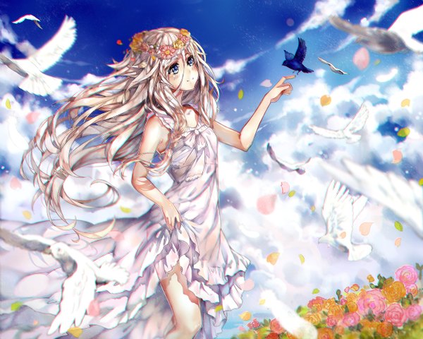 Anime picture 1250x1000 with vocaloid ia (vocaloid) teka single long hair blush blue eyes smile bare shoulders looking away sky silver hair cloud (clouds) bird on hand girl dress flower (flowers) animal petals bird (birds)