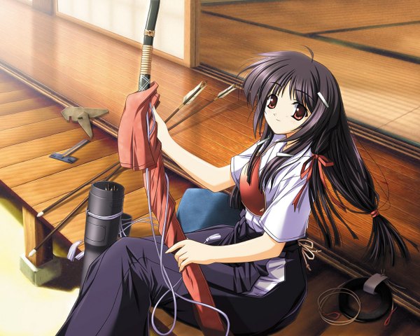 Anime picture 1280x1024 with natsuiro komachi purple software ariga mikoto tsukimori hiro single long hair looking at viewer blush black hair smile red eyes sitting brown eyes bent knee (knees) outdoors traditional clothes japanese clothes short sleeves girl hair ornament