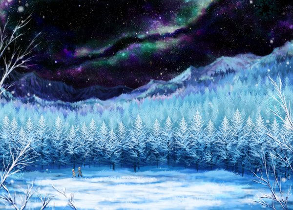 Anime picture 1500x1076 with original setsuri short hair blonde hair brown hair sky winter snow mountain walking bare tree milky way footprints girl boy plant (plants) tree (trees) star (stars) forest winter clothes