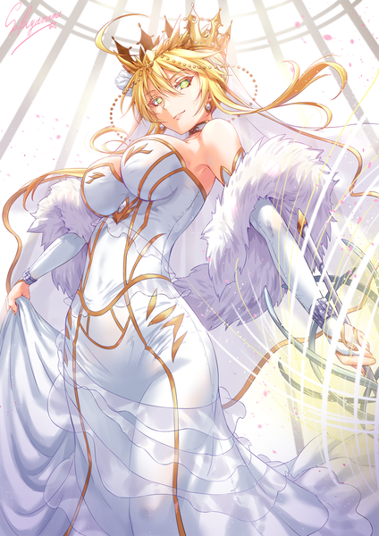 Anime picture 1000x1414 with fate (series) fate/grand order artoria pendragon (all) artoria pendragon (lancer) sakiyamama single long hair tall image looking at viewer fringe breasts blonde hair hair between eyes large breasts bare shoulders green eyes ahoge from below fur trim girl