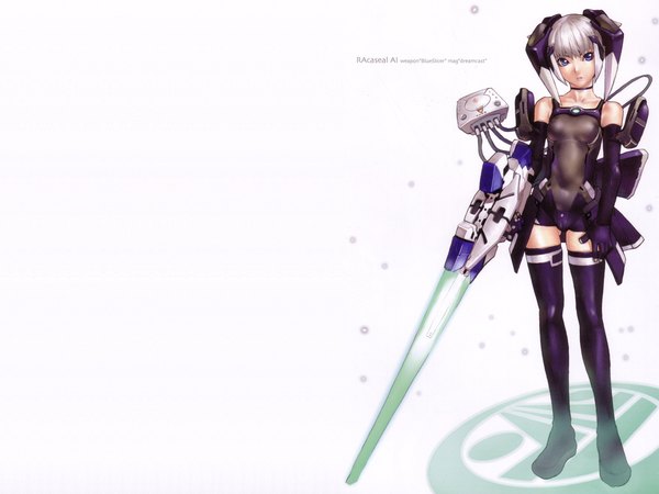 Anime picture 3200x2400 with phantasy star phantasy star online sega single highres short hair blue eyes white background bare shoulders absurdres silver hair logo science fiction girl thighhighs gloves weapon elbow gloves bodysuit wire (wires)