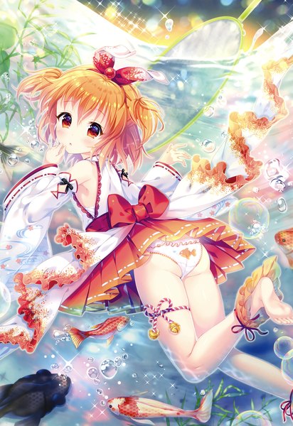 Anime picture 2267x3300 with original amo single tall image looking at viewer blush fringe highres short hair open mouth light erotic hair between eyes full body bent knee (knees) ass traditional clothes japanese clothes looking back barefoot scan