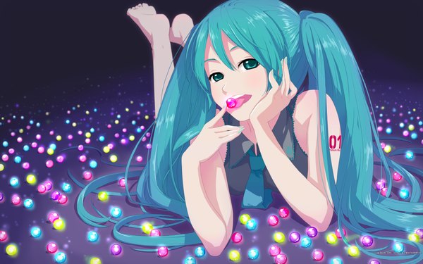 Anime picture 1920x1200 with vocaloid mikumix hatsune miku yachiwo single long hair looking at viewer highres open mouth wide image twintails bare shoulders green eyes lying barefoot aqua eyes aqua hair tattoo sleeveless black background