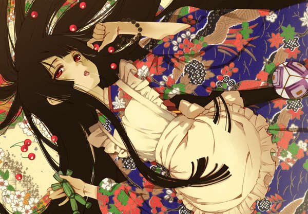 Anime picture 1085x754 with hell girl studio deen enma ai murasawa hiroshi single long hair looking at viewer black hair red eyes lying japanese clothes wallpaper floral print saliva girl food kimono apron beads berry (berries)