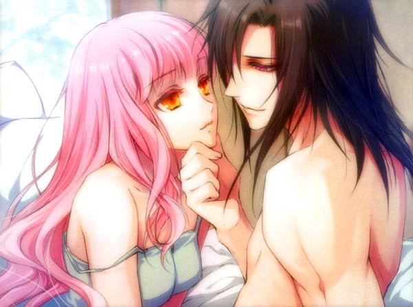 Anime picture 2873x2136 with wand of fortune idea factory lulu (wand of fortune) alvaro garay long hair highres short hair black hair smile red eyes purple eyes pink hair orange eyes couple girl boy bed