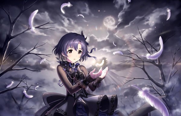 Anime picture 2560x1648 with idolmaster idolmaster cinderella girls idolmaster cinderella girls starlight stage shiragiku hotaru annindoufu (oicon) single blush highres short hair standing brown eyes looking away purple hair cloud (clouds) upper body outdoors arm up night glow gothic