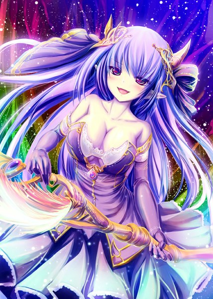 Anime picture 750x1050 with original tenmaso single long hair tall image blush open mouth light erotic smile purple eyes blue hair pointy ears dress gloves hair ornament elbow gloves