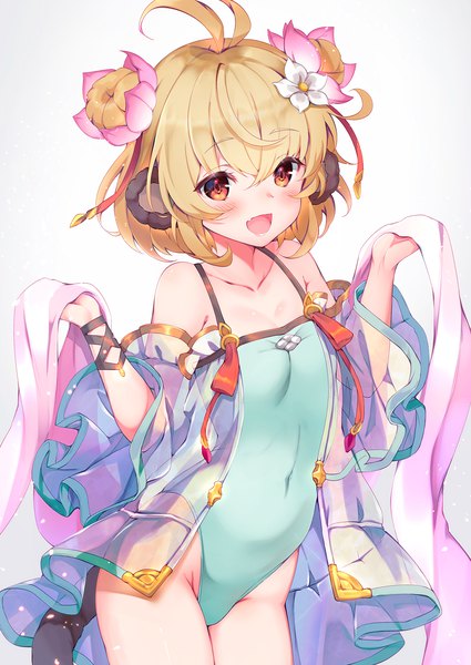 Anime picture 1200x1694 with granblue fantasy andira (granblue fantasy) pilokey single tall image blush fringe short hair open mouth light erotic simple background blonde hair hair between eyes red eyes white background animal ears ahoge tail :d animal tail