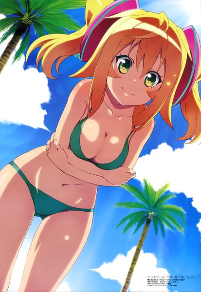 Anime picture 4085x5929 with hacka doll megami magazine creators in pack hacka doll 1 single long hair tall image looking at viewer highres breasts light erotic blonde hair smile twintails green eyes absurdres sky cloud (clouds) official art girl