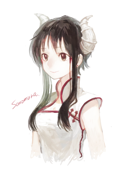 Anime picture 2480x3507 with original sonomura (debole) single long hair tall image fringe highres simple background smile brown hair white background brown eyes signed looking away traditional clothes girl earrings