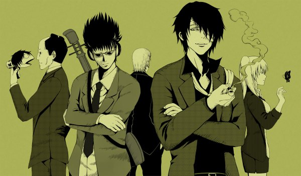 Anime picture 1200x705 with gintama sunrise (studio) takasugi shinsuke kawakami bansai kijima matako takechi henpeita okada nizou black hair wide image looking away ponytail multiple boys side ponytail monochrome bandage over one eye girl boy necktie insect butterfly