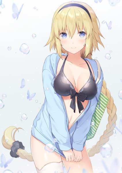 Anime-Bild 600x850 mit fate (series) fate/grand order jeanne d'arc (fate) (all) jeanne d'arc (swimsuit archer) 6u (eternal land) single tall image looking at viewer blush fringe breasts blue eyes light erotic simple background blonde hair hair between eyes large breasts standing payot cleavage