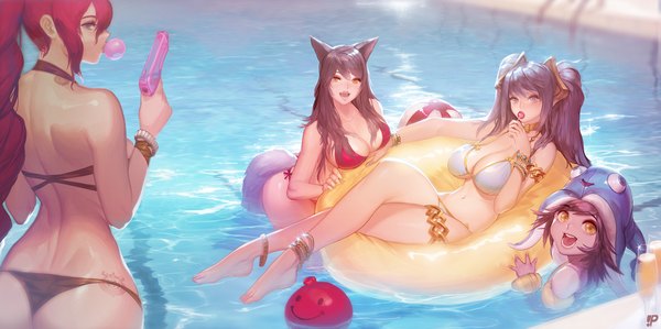 Anime picture 2167x1080 with league of legends ahri (league of legends) sona buvelle lulu (league of legends) miss fortune (league of legends) instant-ip long hair looking at viewer fringe highres breasts open mouth blue eyes light erotic black hair smile wide image large breasts multiple girls brown eyes