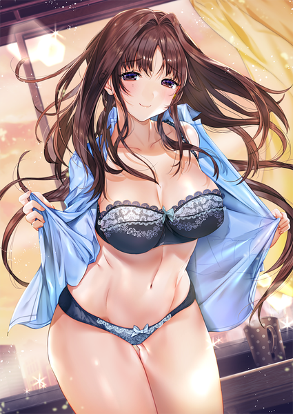 Anime picture 700x988 with original yanyo (ogino atsuki) single long hair tall image looking at viewer blush fringe breasts light erotic smile brown hair large breasts standing bare shoulders brown eyes indoors wind leaning open shirt
