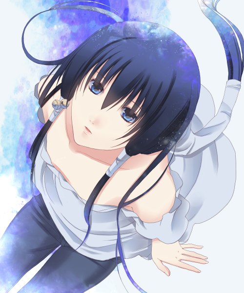 Anime picture 1000x1200 with getbackers studio deen fuuchouin kazuki hirai chika single long hair tall image looking at viewer open mouth blue eyes black hair sitting twintails bare shoulders ponytail flat chest looking up boy bell