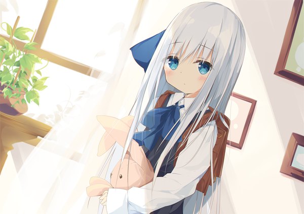 Anime picture 1800x1273 with original kushida you single long hair looking at viewer blush fringe highres blue eyes hair between eyes standing holding silver hair indoors dutch angle cute girl dress uniform ribbon (ribbons)