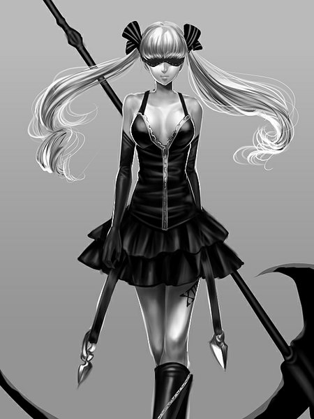 Anime picture 600x800 with original time-flies (artist) single long hair tall image fringe breasts simple background smile standing twintails bare shoulders cleavage grey background tattoo sleeveless monochrome arm behind back walking girl