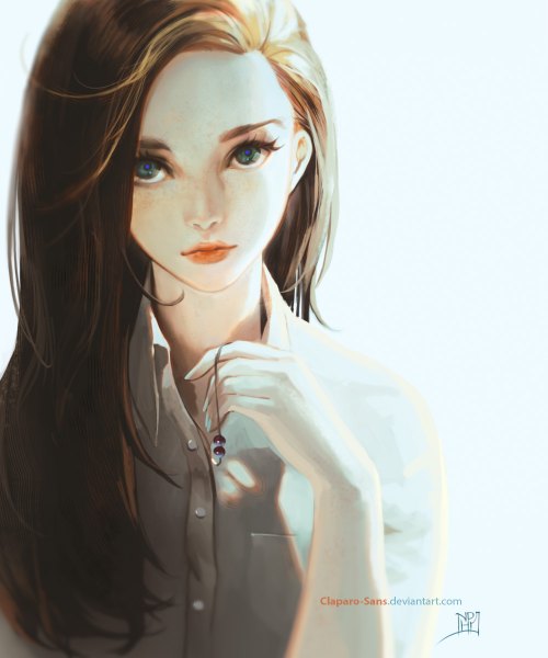 Anime picture 1000x1200 with original claparo-sans single long hair tall image looking at viewer simple background brown hair holding green eyes signed upper body light smile realistic lipstick watermark portrait blue background eyebrows open collar