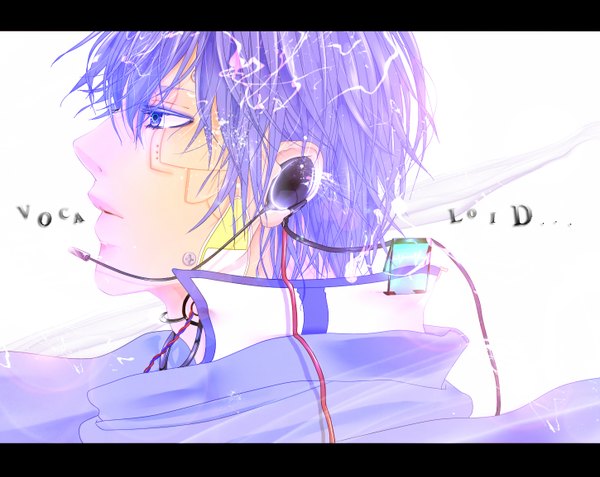 Anime picture 1450x1155 with vocaloid kaito (vocaloid) fujimaru6379 short hair blue eyes simple background white background purple hair profile inscription boy choker headphones microphone wire (wires) android