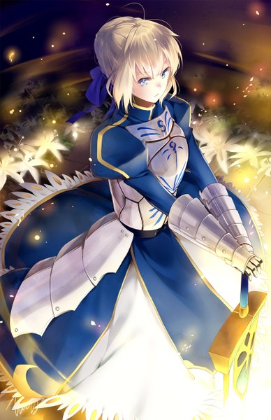 Anime picture 825x1275 with fate (series) fate/stay night studio deen type-moon artoria pendragon (all) saber tooaya single tall image short hair blue eyes blonde hair from above magic light girl ribbon (ribbons) weapon hair ribbon sword