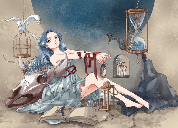 Anime picture 1581x1142 with bishoujo senshi sailor moon toei animation kaiou michiru kinako (utyu no hazikko) single long hair sitting bare shoulders barefoot aqua eyes aqua hair alternate costume legs sleeveless wavy hair destruction girl dress flower (flowers) ribbon (ribbons)