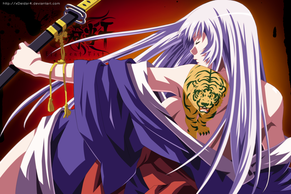 Anime picture 1419x947 with ikkitousen chouun shiryuu xdeidar4 single long hair light erotic bare shoulders white hair eyes closed japanese clothes profile tattoo coloring girl weapon sword belt kimono katana sheath