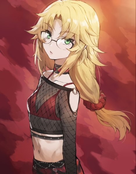 Anime picture 1015x1300 with fate (series) fate/grand order mordred (fate) tonee single long hair tall image looking at viewer light erotic blonde hair standing green eyes upper body midriff alternate costume low ponytail alternate hairstyle red background bespectacled fishnet