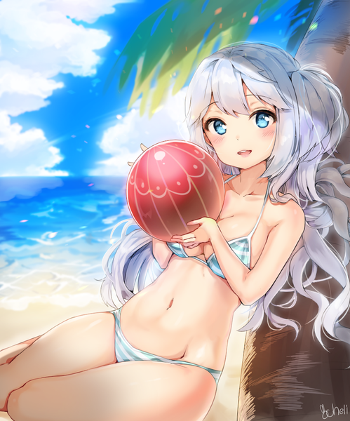 Anime picture 836x1005 with original cheli (kso1564) single long hair tall image looking at viewer blush breasts blue eyes light erotic smile large breasts sitting holding signed sky silver hair cloud (clouds) outdoors groin