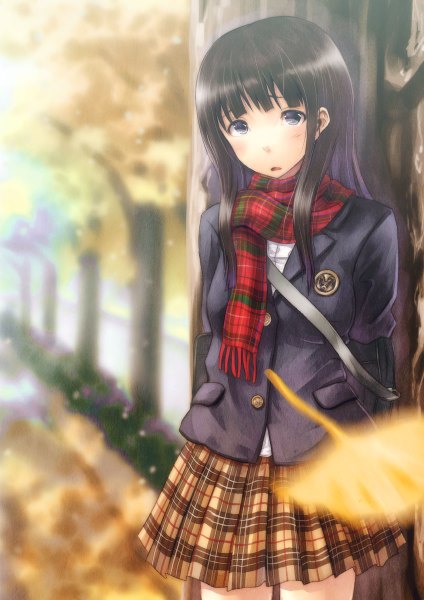 Anime picture 848x1200 with original hyuuga azuri single long hair tall image looking at viewer blush blue eyes black hair girl skirt plant (plants) tree (trees) scarf