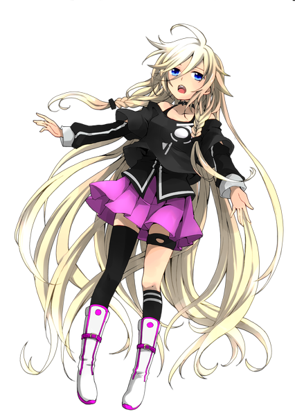 Anime picture 3317x4672 with vocaloid ia (vocaloid) kanna (chaos966) single tall image blush highres open mouth blue eyes blonde hair bare shoulders absurdres ahoge braid (braids) very long hair twin braids transparent background girl thighhighs skirt