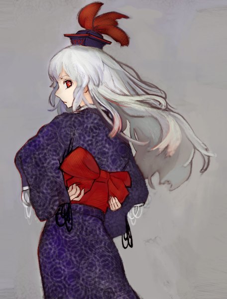 Anime picture 1000x1314 with touhou kamishirasawa keine madokansuzuki (artist) single long hair tall image looking at viewer simple background red eyes white hair japanese clothes profile grey background girl hat kimono